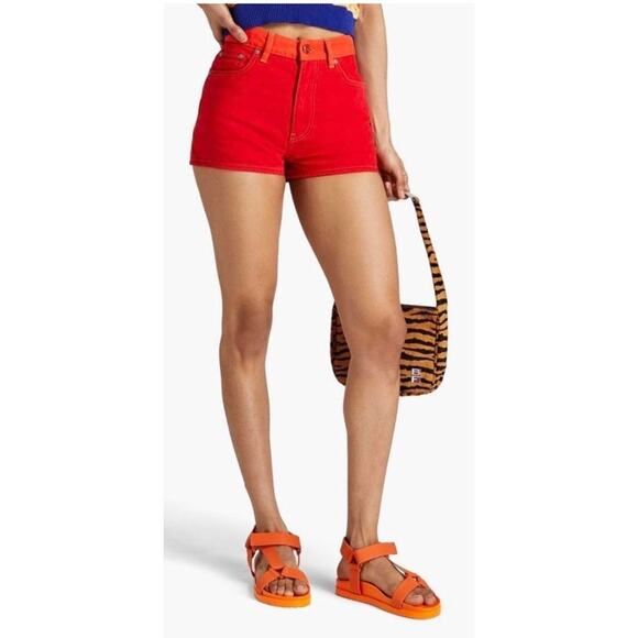 Ganni Colorblock High Rise Denim Shorts Red Orange Flame Scarlet Organic Cotton - Picture 1 of 13